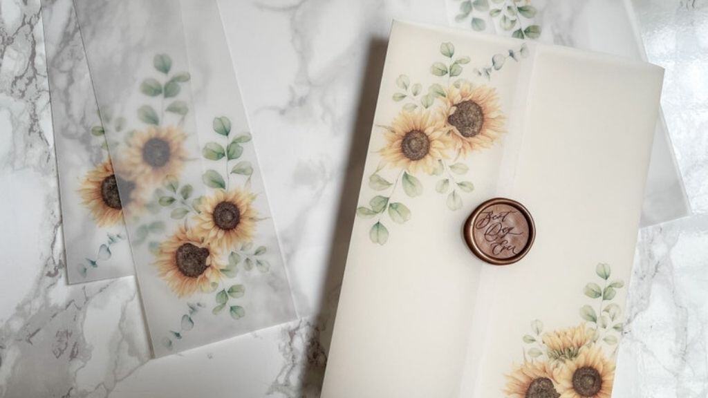 Sunflower and Eucalyptus Vellum Wrap Invitations