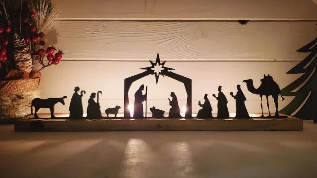 Metal Nativity Scene with Wood Stand