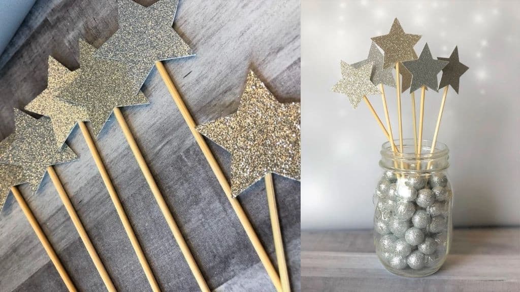 Silver Glitter Star Picks with Wooden Dowels
