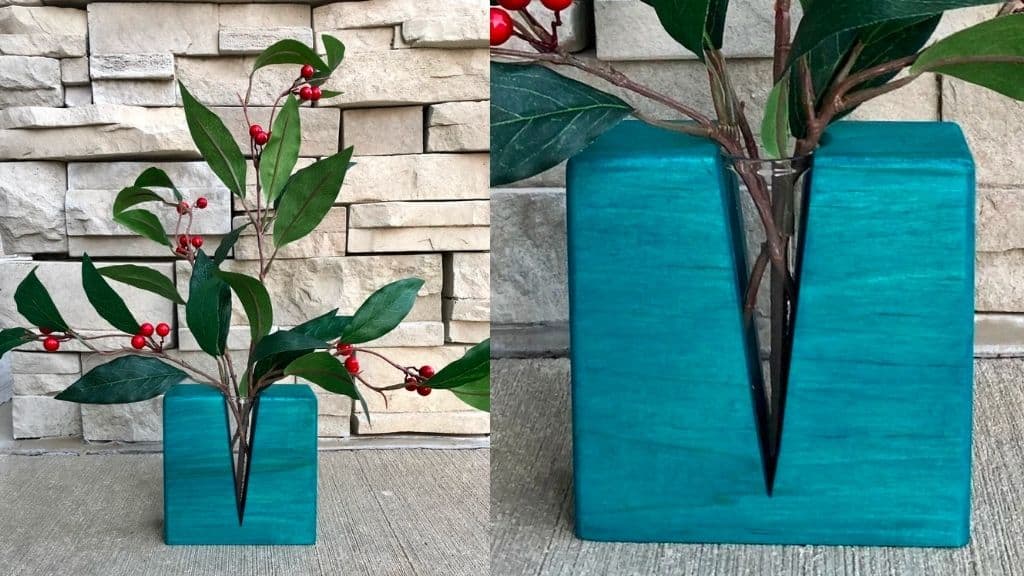 Teal Rustic Maple Wood Flower Vase