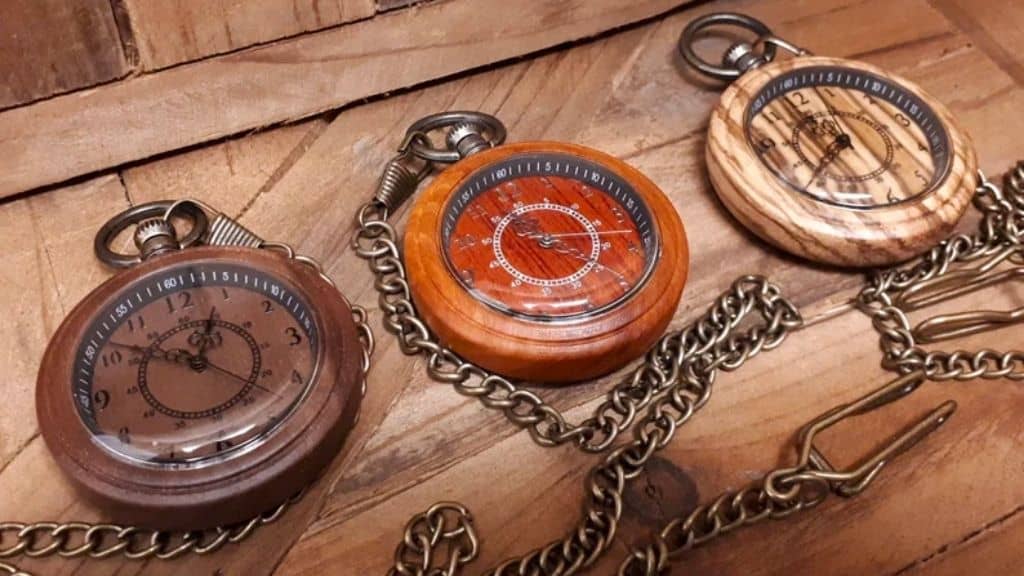 Wooden Pocket Watch with Brass Chain