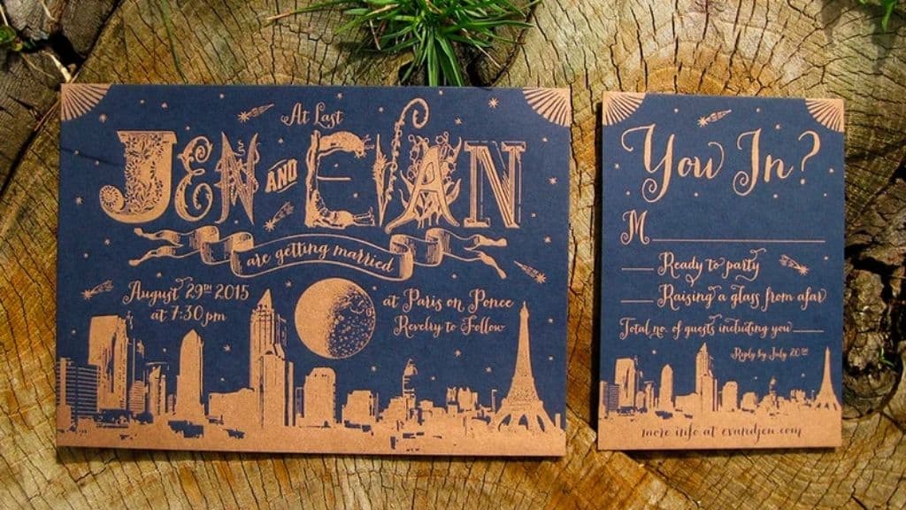 Custom City Skyline Letterpress Wedding Invitation