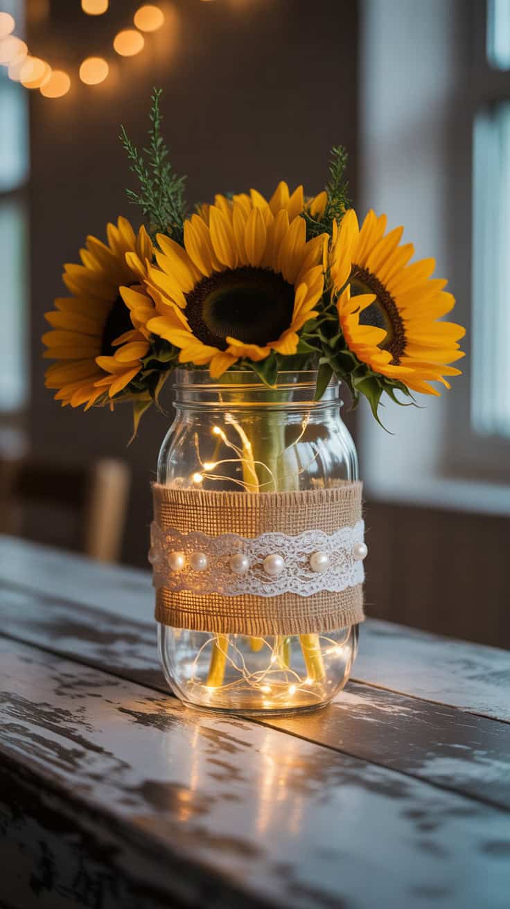 a photograph of a mason jar centerpiece
