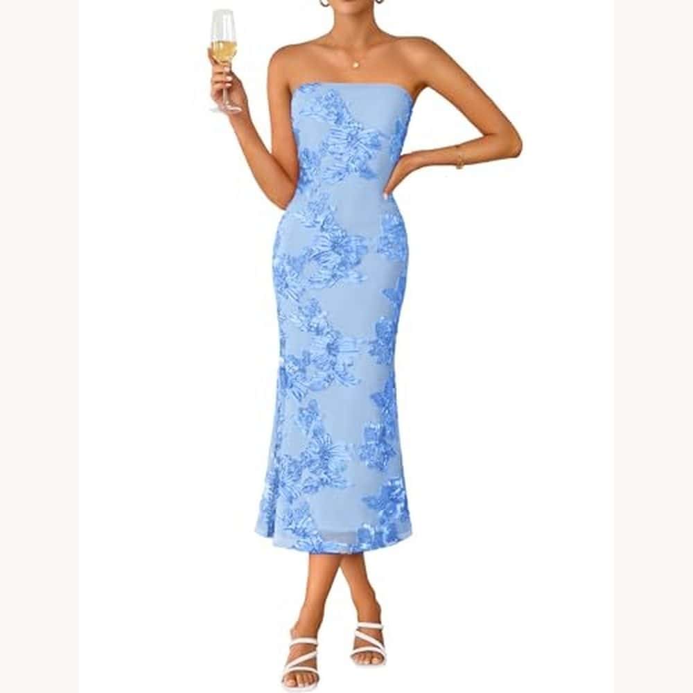 Blue Floral Strapless Midi