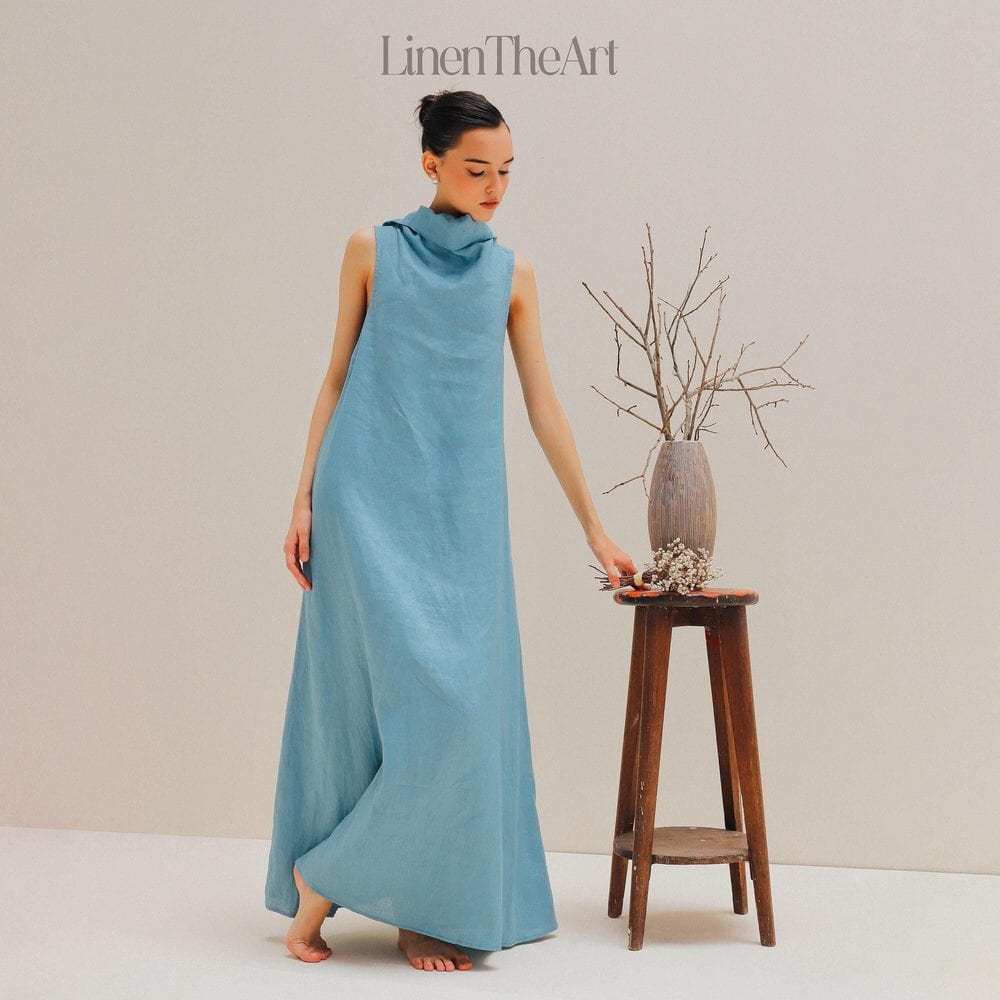 Blue High-Neck Linen Dress