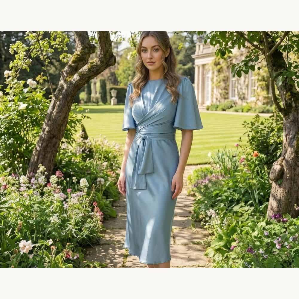Dusty Blue Flutter-Sleeve Midi