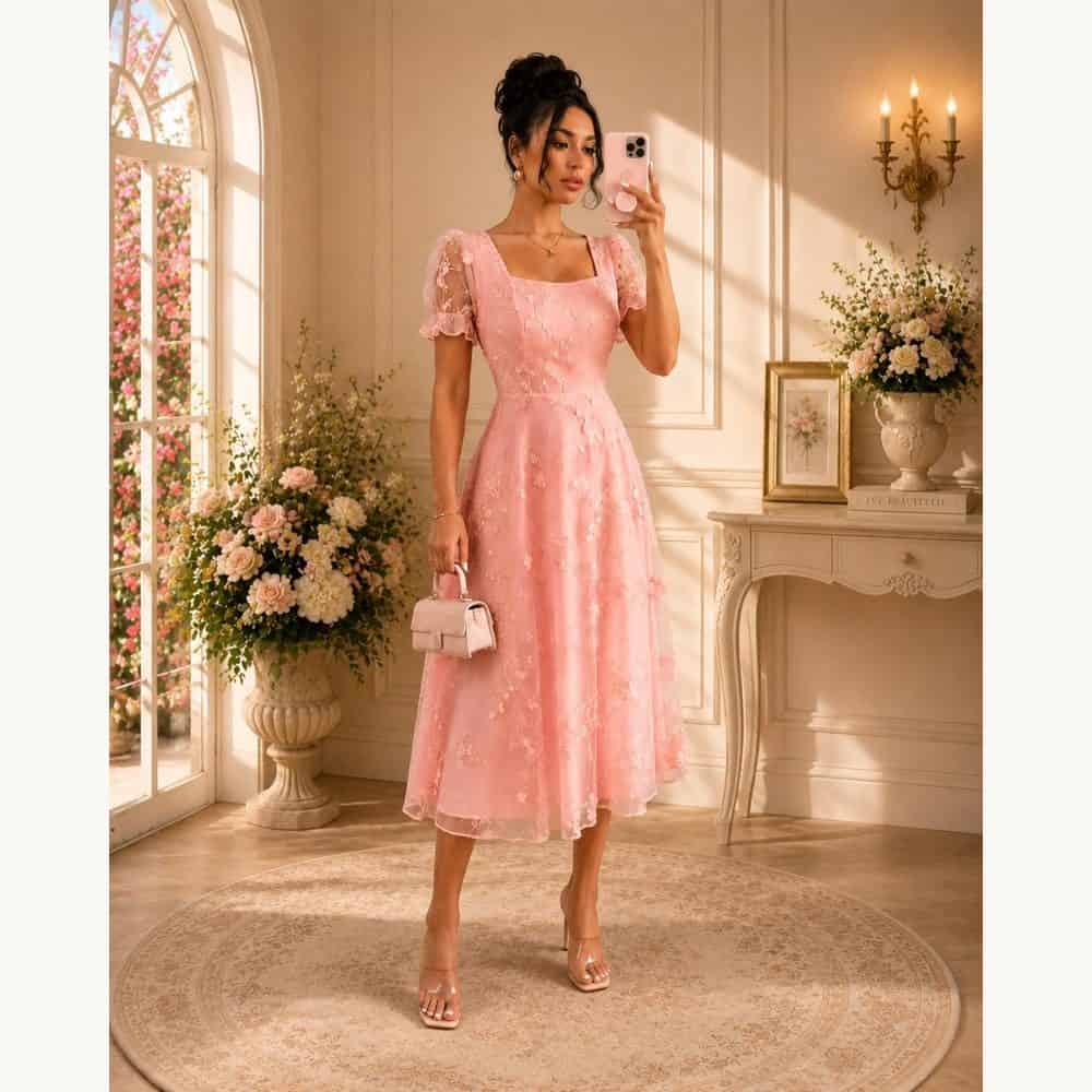 Pink Embroidered Tea-Length Dress
