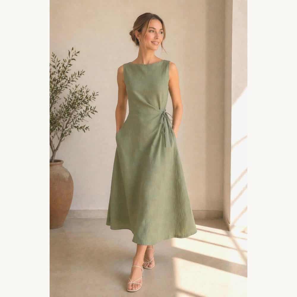 Sage Linen Midi with Side Ruching