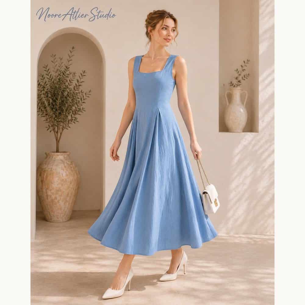 Sky Blue Square-Neck Linen Midi