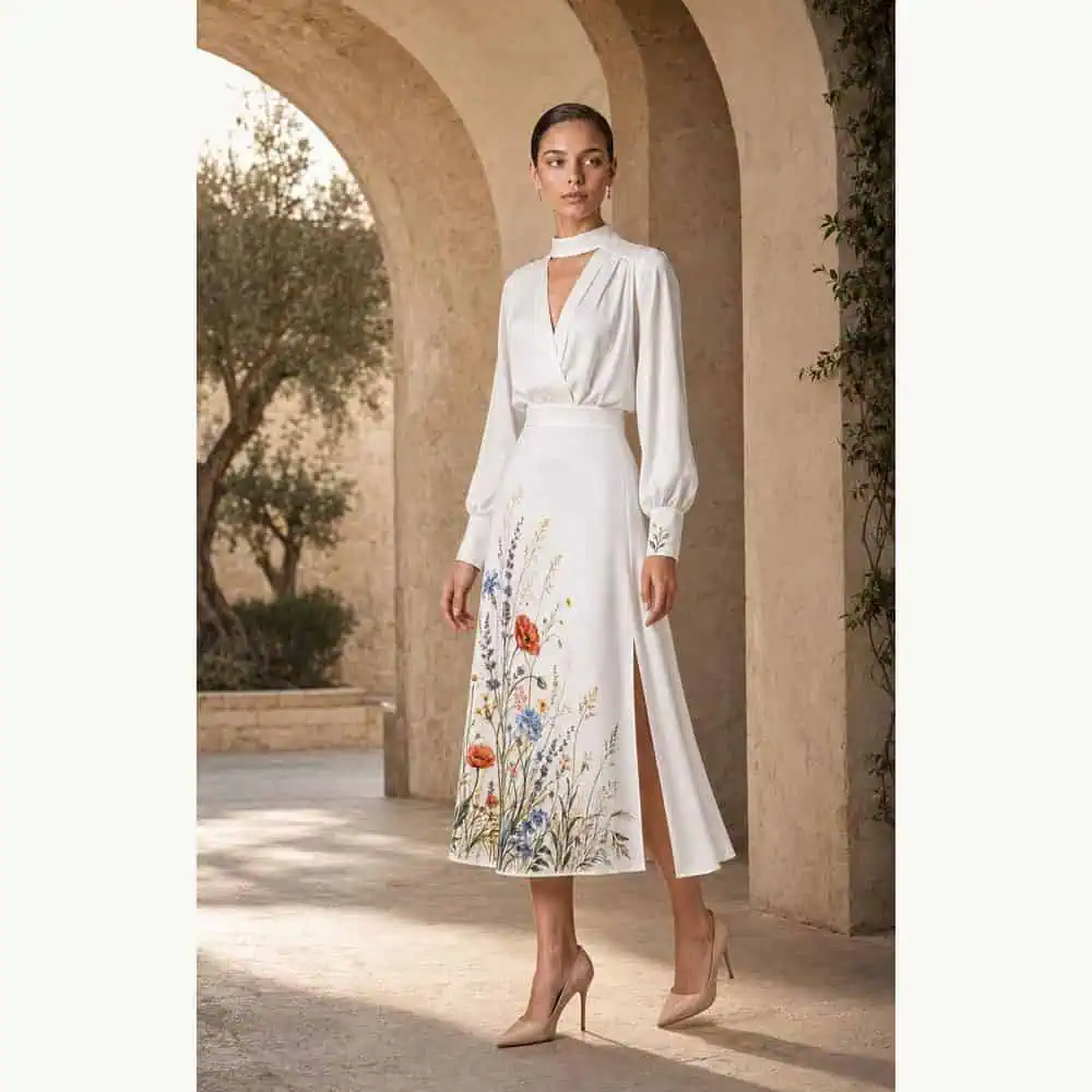 Hand-Painted White Floral Midi Dress