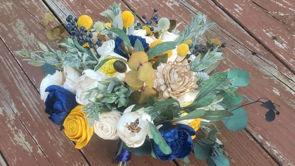 Mustard Yellow and Blue Sola Wood Bridal Bouquet