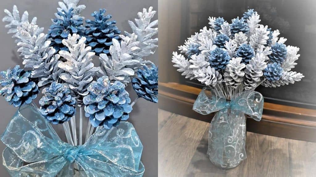 Frozen Winter Pinecone Flowers with Wood Stem