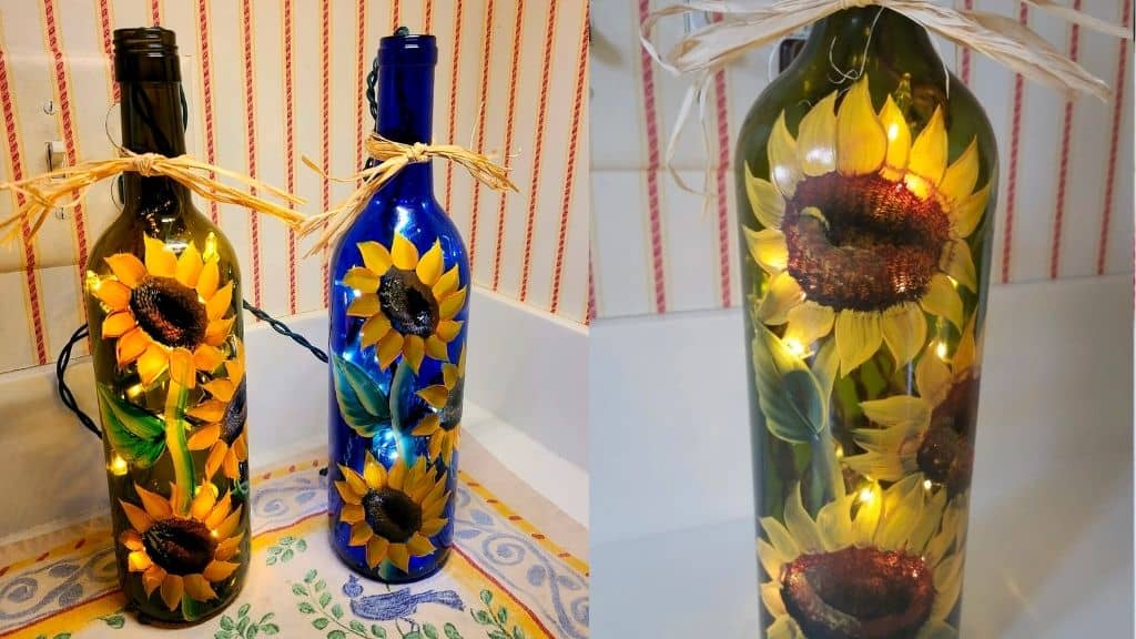 Sunflower Hand Painted Lighted Wine Bottle