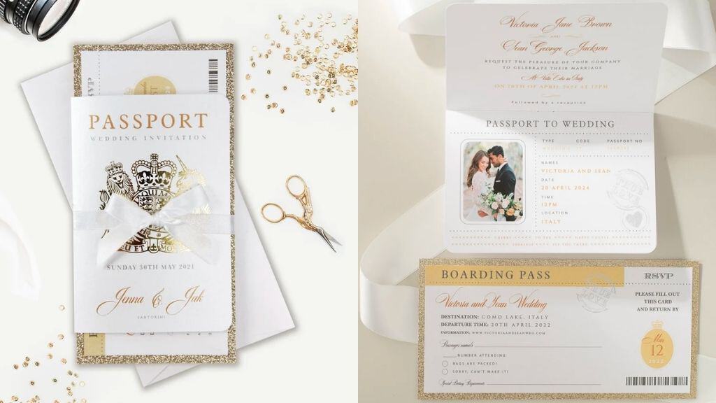 Glitter Champagne Luxury Passport Wedding Invitation
