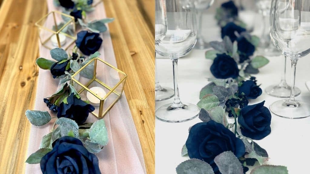 Navy Blue Silk Rose Garland with Sage Leaves