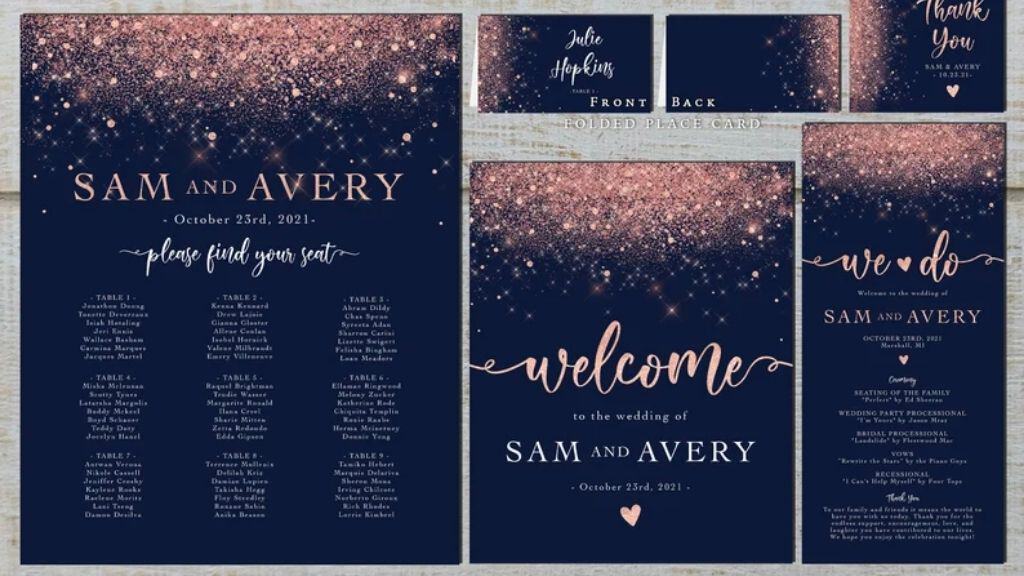 Romantic Navy Rose Gold Wedding Invitation