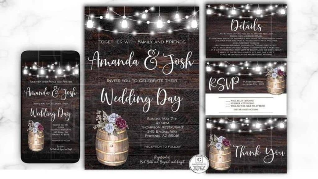 Rustic Floral Boho Wine Barrel Wedding Invitation
