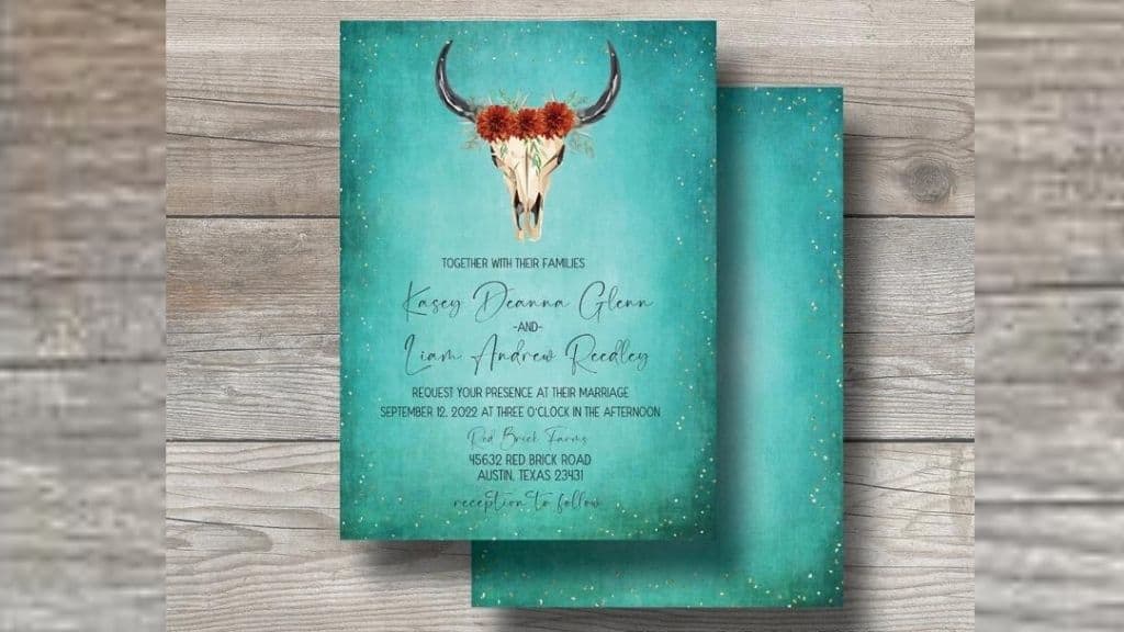 Western Turquoise Cow Skull Wedding Invitation