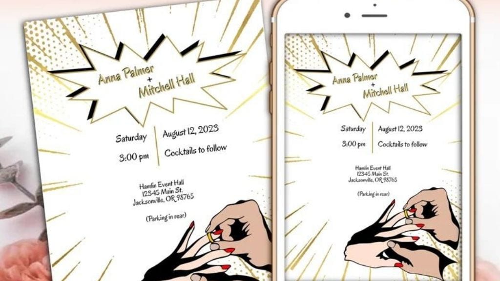 Gold Comic Book Style Wedding Invitation