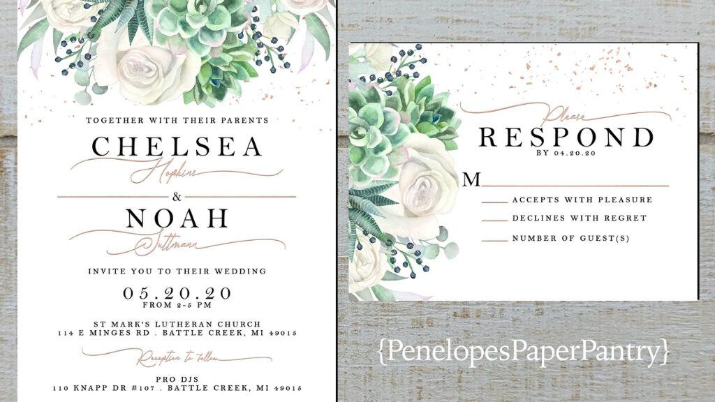 Succulents & White Roses Rose Gold Wedding Invitation
