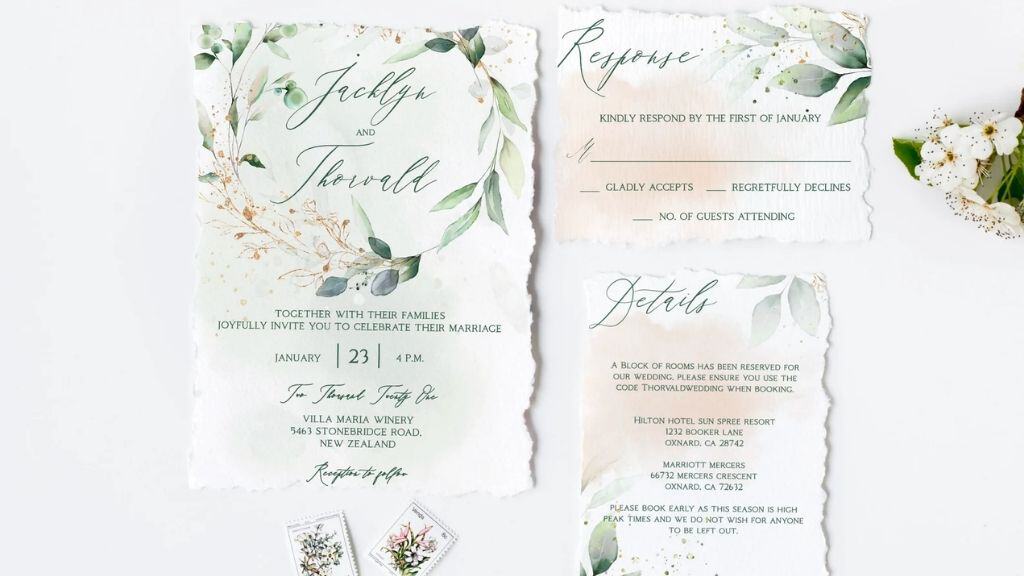 Greenery and Gold Whimsical Wedding Invitation
