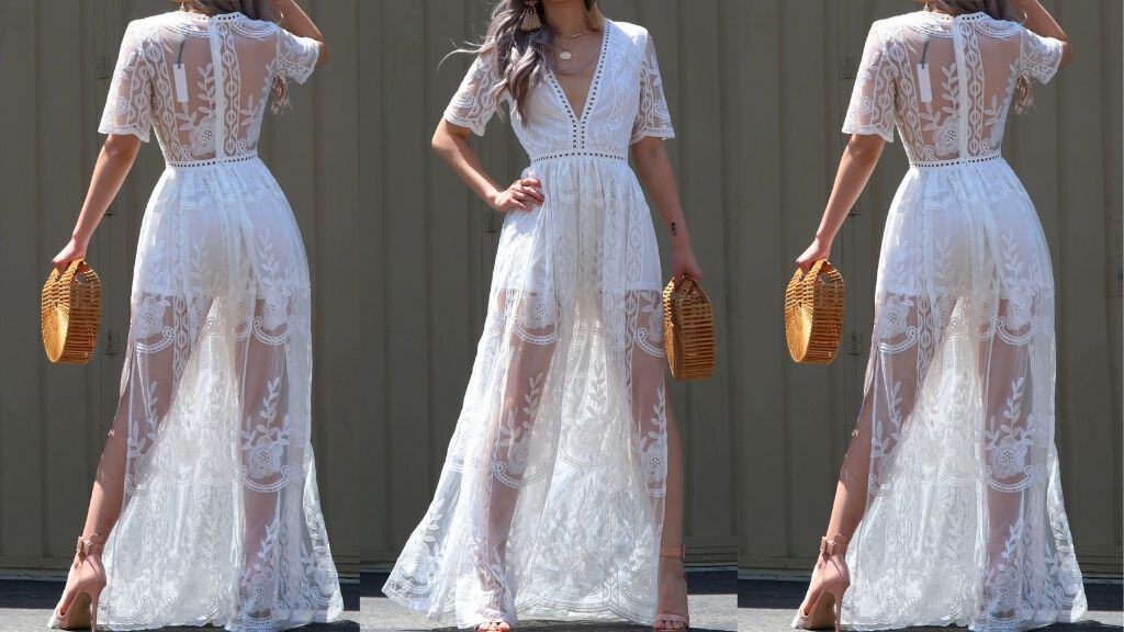 White Bohemian Crochet Lace Maxi Dress