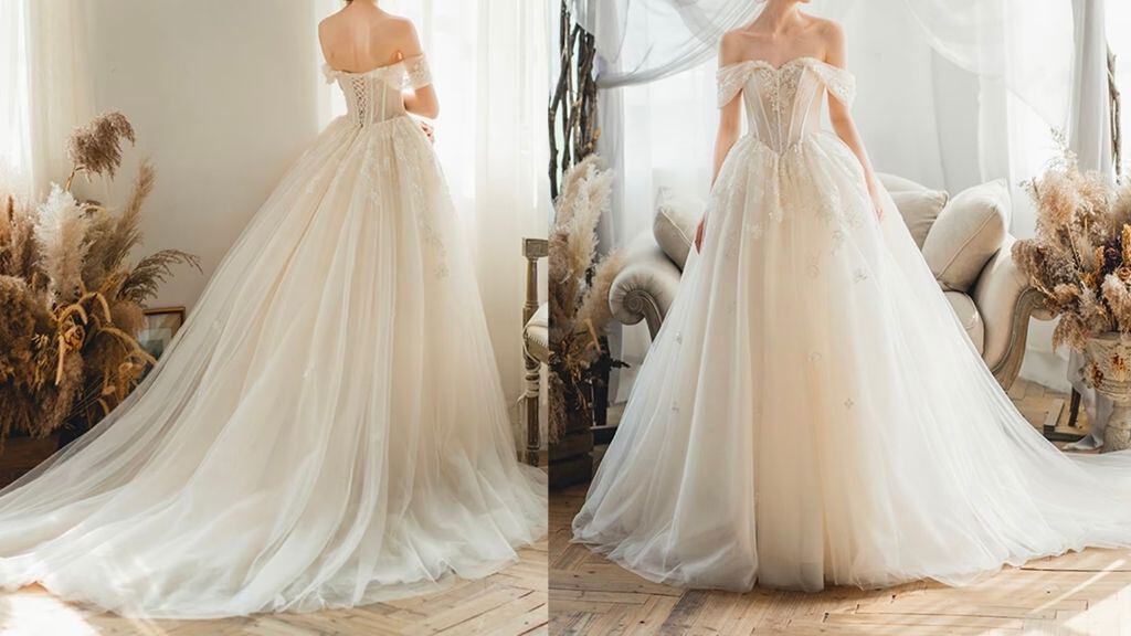 Light Champagne Off-Shoulder Wedding Dress