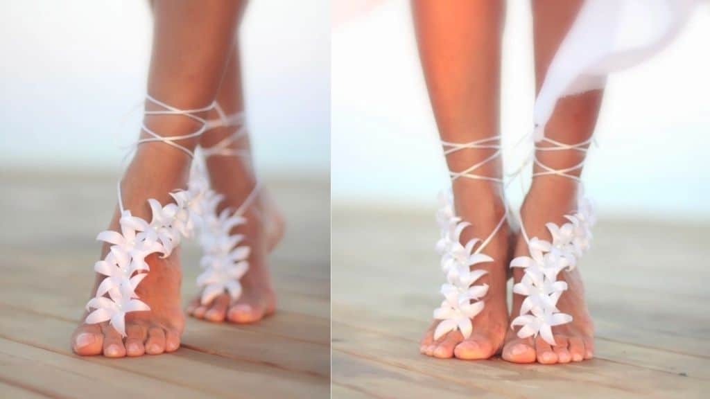 Barefoot Sandal with White Satin and Autumn Florals