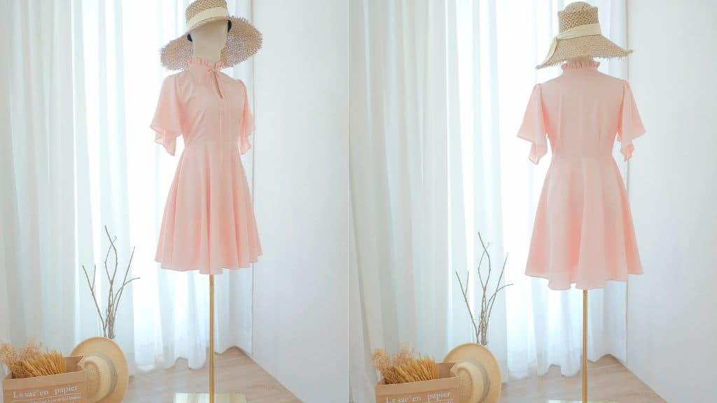 Pink Blush Dress with Ruffle Pleated Neck