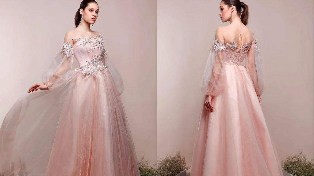 Blush Pink Beaded Corset Wedding Gown