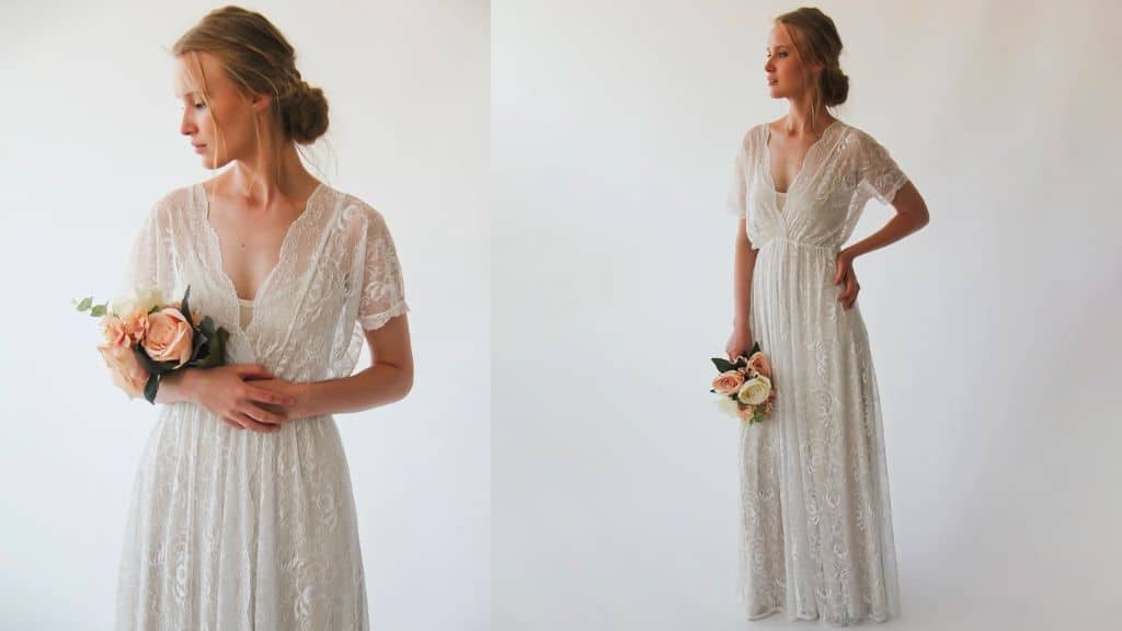 Floral Lace Bat Sleeve Wedding Dress