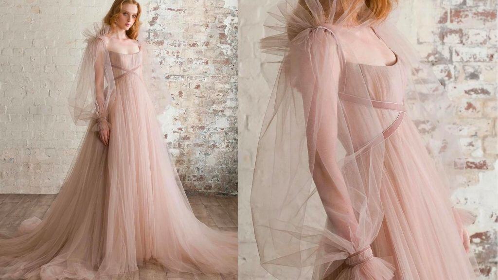Boho Dusty Pink Tulle Wedding Gown