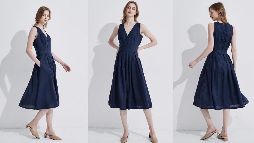 Dark Blue Linen Midi Sleeveless Dress