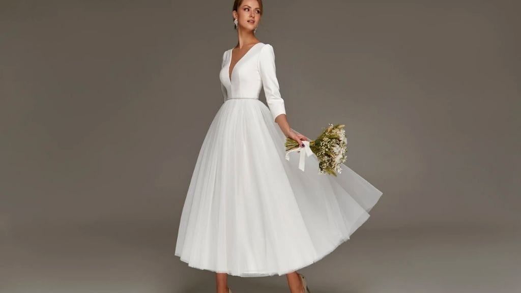 Deep V Wedding Dress with Sleeves