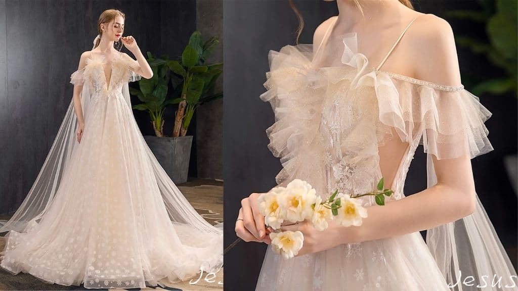 Champagne Tulle Lace Deep V Neck Dress