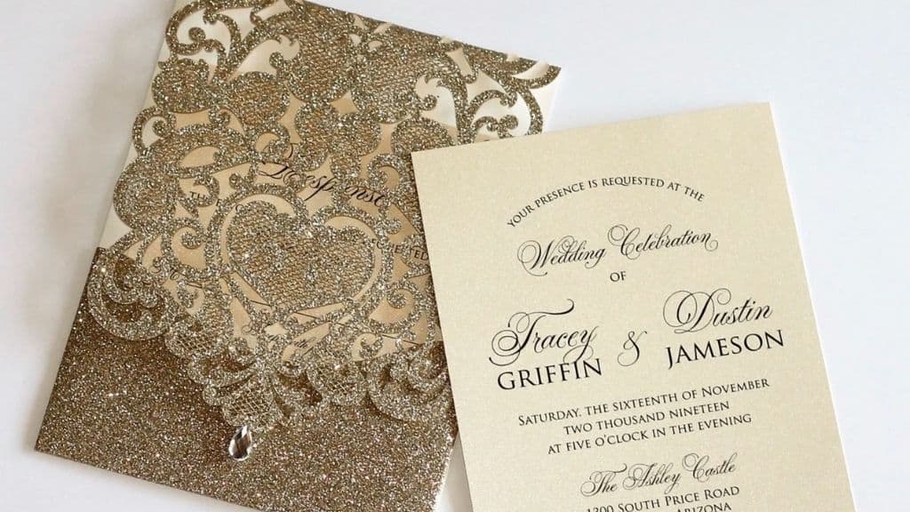 Gold Glitter Lace Wedding Invitation