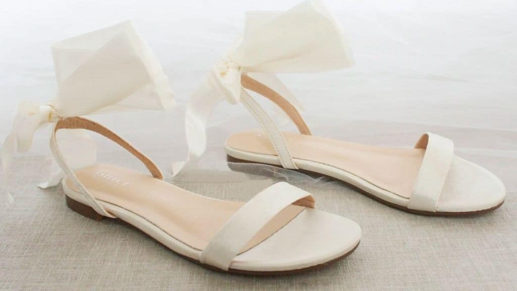 Ivory Satin Flat Sandals with Ankle Tie