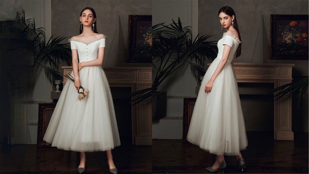 Off-Shoulder Satin and Tulle Wedding Dress