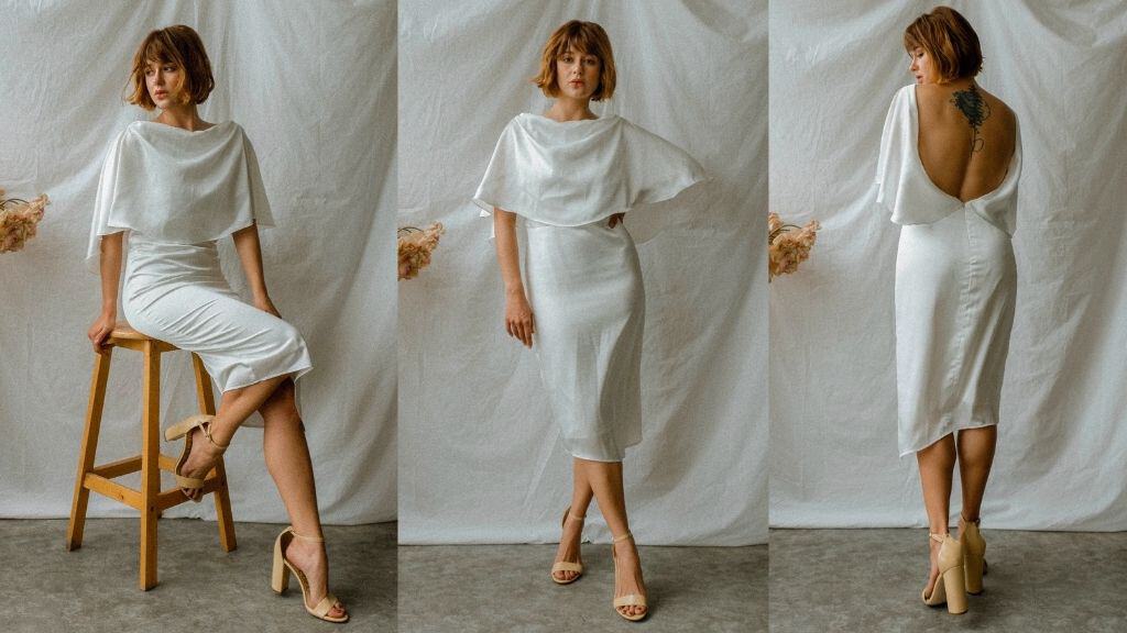 White Tea Length Satin Dress