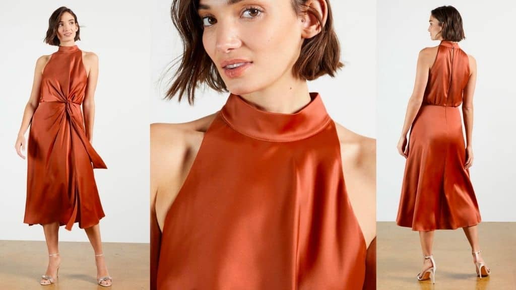 Rust Satin Bridesmaid Wrap Dress