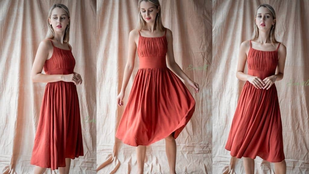 Rust Orange Pleated Linen Dress
