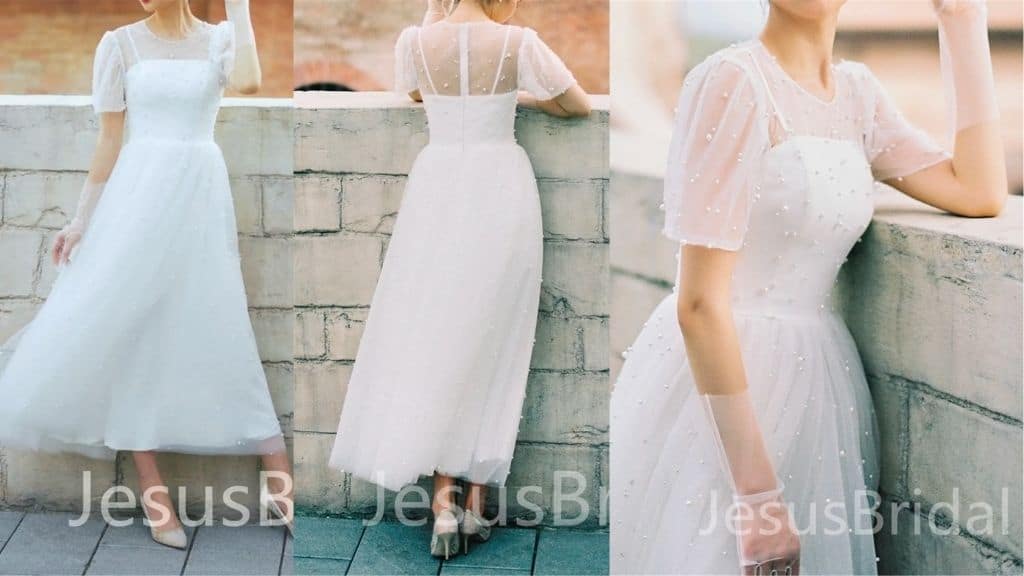 Short-Sleeved Tea-Length Wedding Dress with Pearls