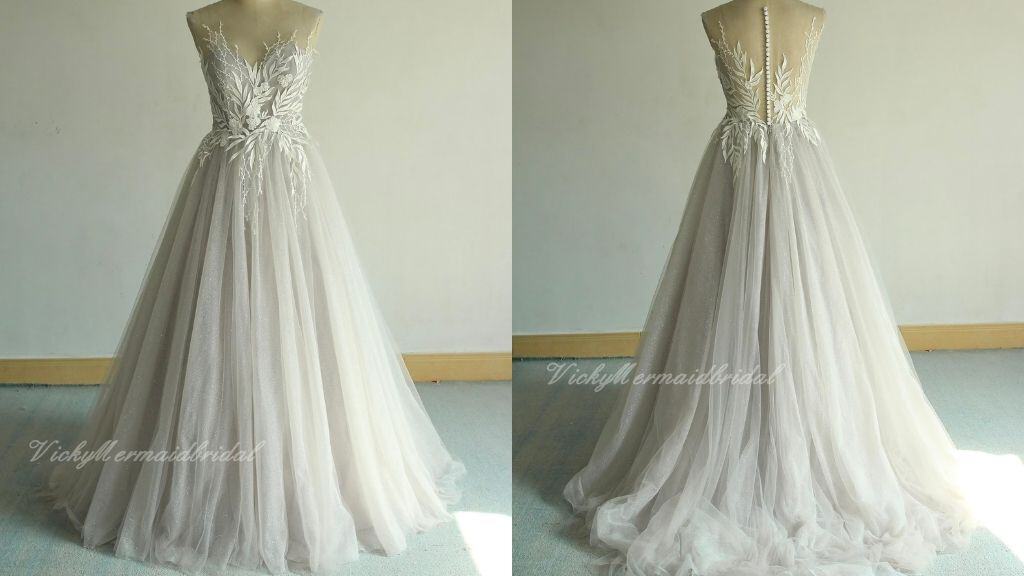 Elegant Silver Tulle Lace A-Line Wedding Dress