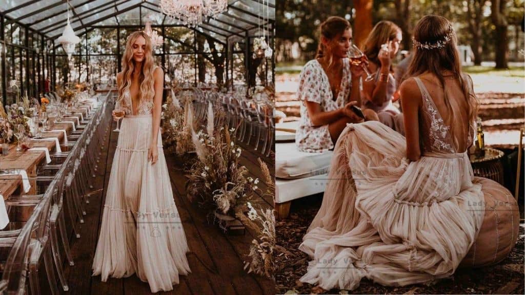 Bohemian Champagne Lace Wedding Dress