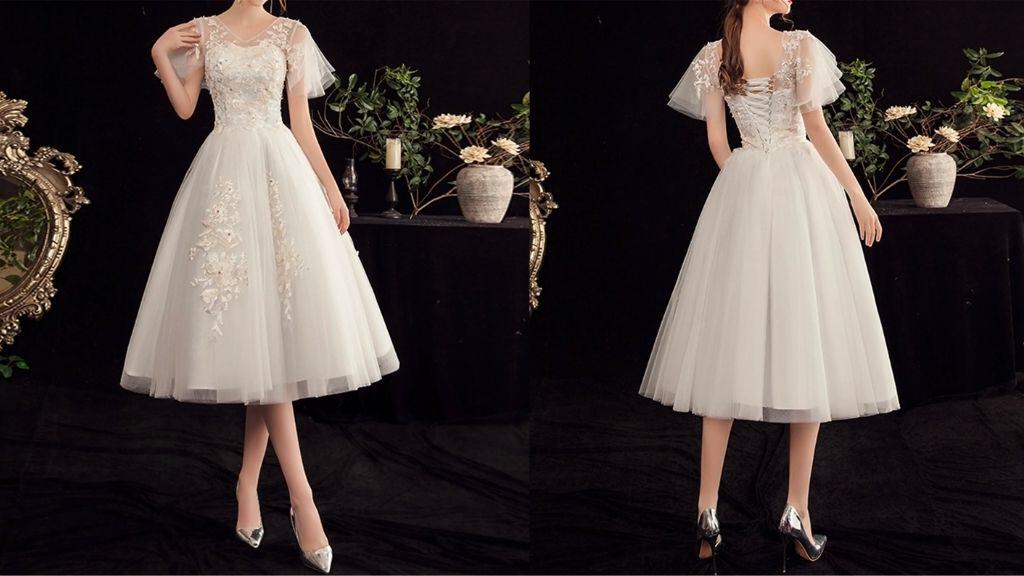 Tulle Tea-Length Wedding Dress with Short Sleeves