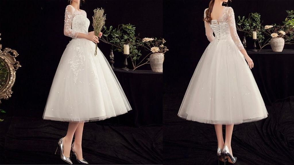 Tulle Tea-Length Wedding Dress with Sleeves
