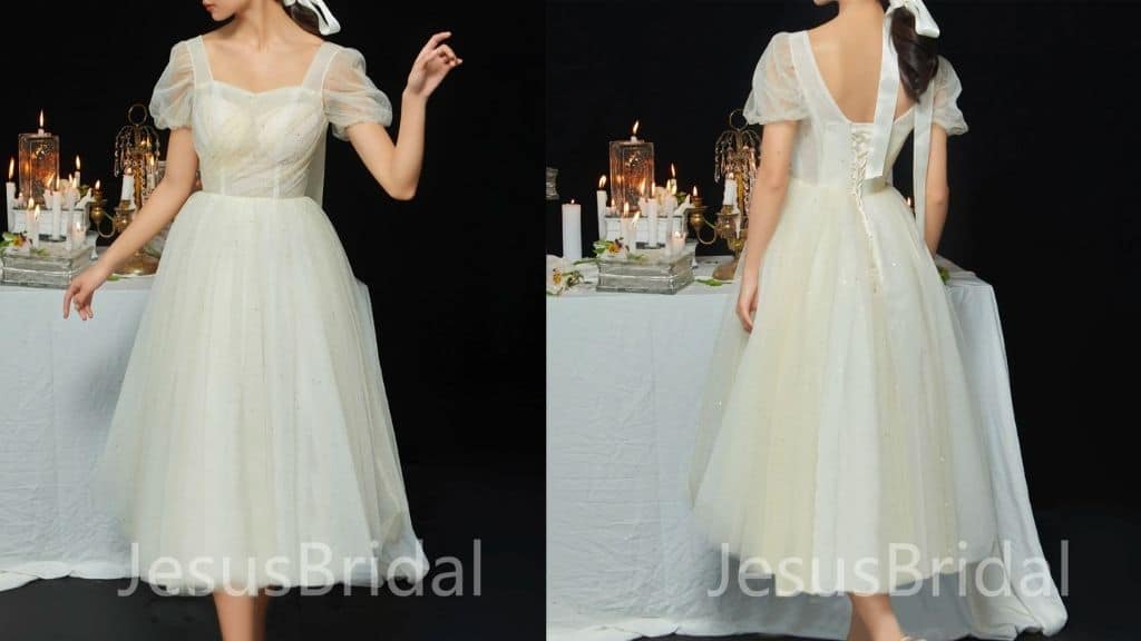 Light Champagne Tea-Length Tulle Wedding Dress
