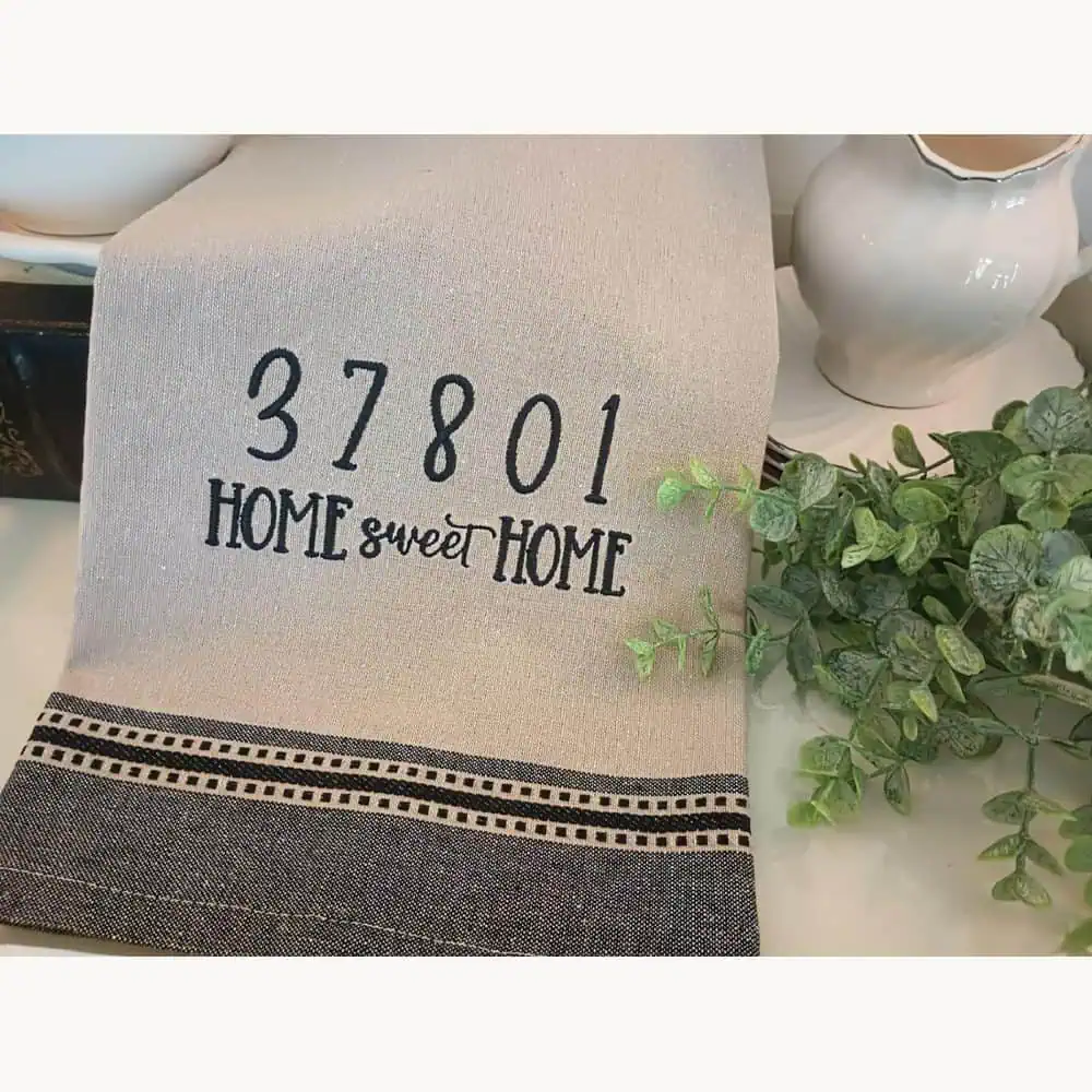 Embroidered Zip-Code Tea Towel