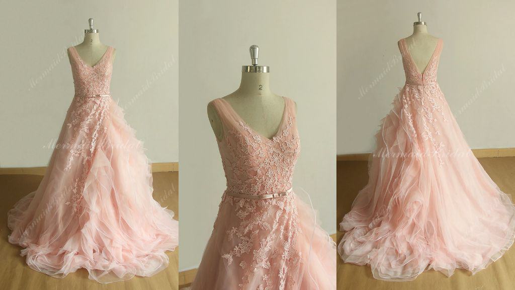 Blush Pink Deep V-Neck Wedding Dress
