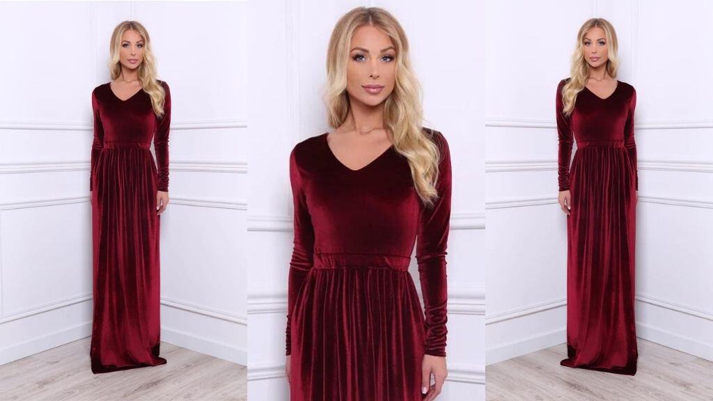 Burgundy Velvet Full-Length Bridesmaid Dress